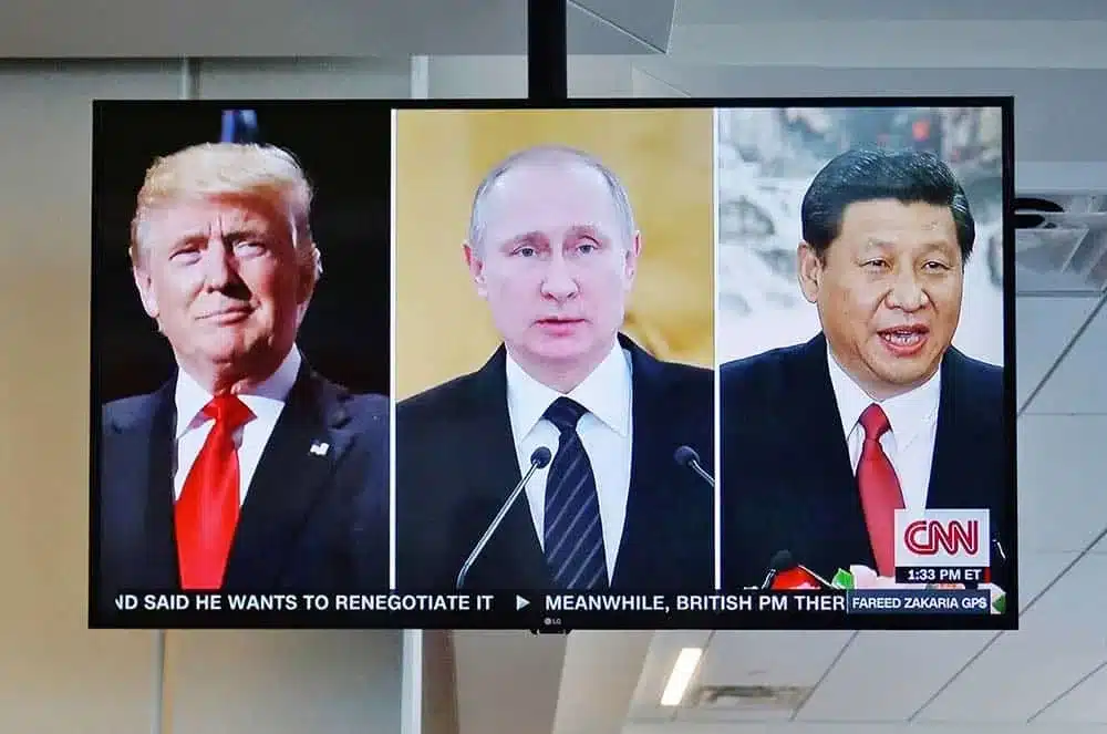 A television split screen in 2017 showing US President Donald Trump, Russian President Vladimir Putin and Chinese President Xi Jinping on CNN. Photo: Shutterstock / licensed for use on this website